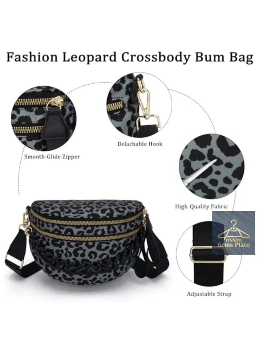 Nylon Leopard Double Zip Crossbody Fanny Pack with Chain